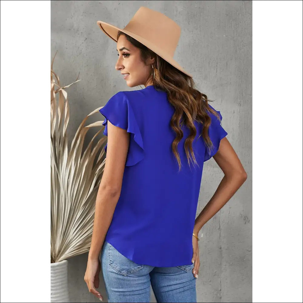 V-neck Tie Hem Flutter Sleeve Blouse - Chic & Casual - Blouses on Sale Worldwide Shipping