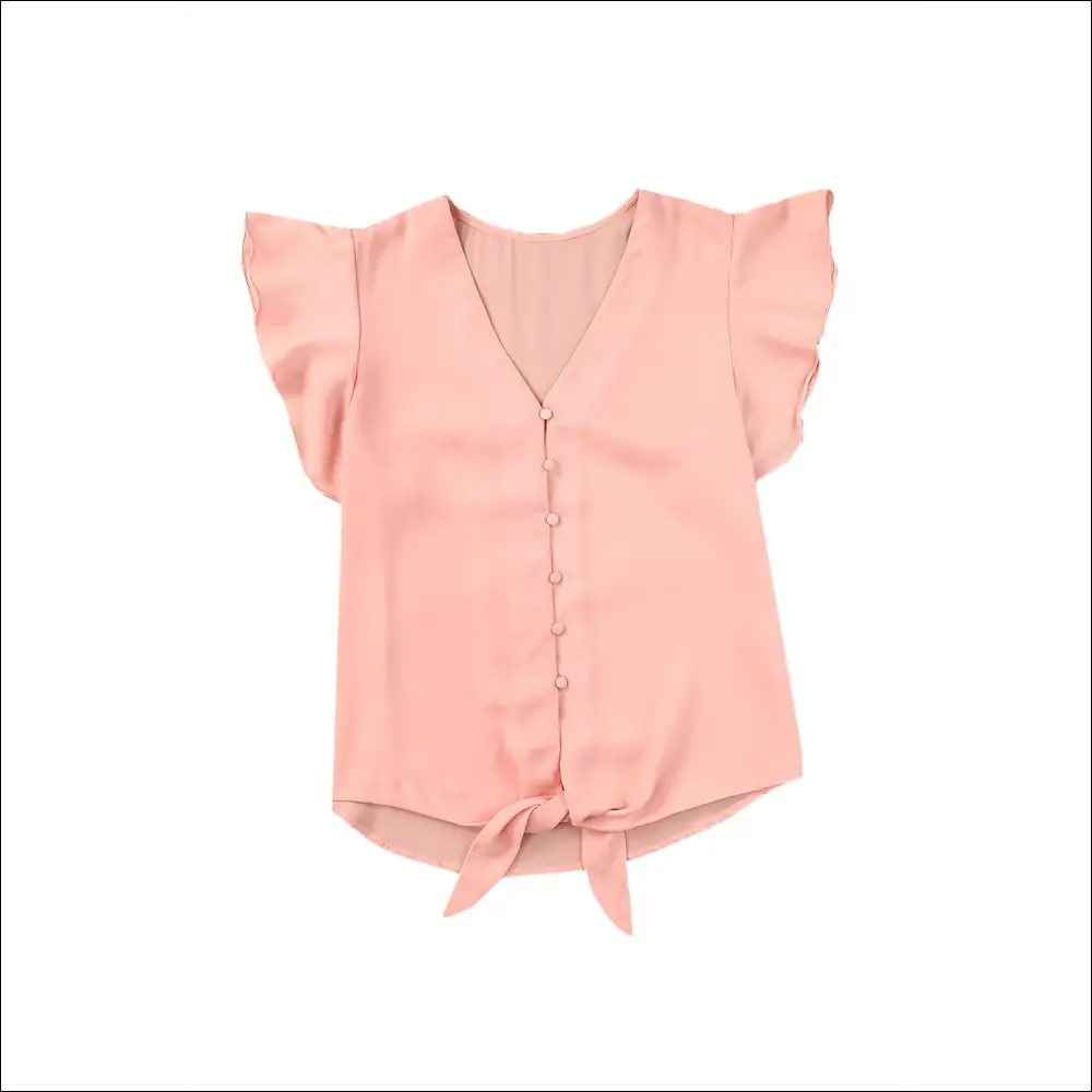 V-neck Tie Hem Flutter Sleeve Blouse - Chic & Casual - Peach / Xl - Blouses on Sale Worldwide Shipping