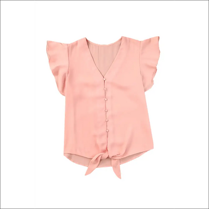 V-neck Tie Hem Flutter Sleeve Blouse - Chic & Casual - Peach / Xl - Blouses on Sale Worldwide Shipping