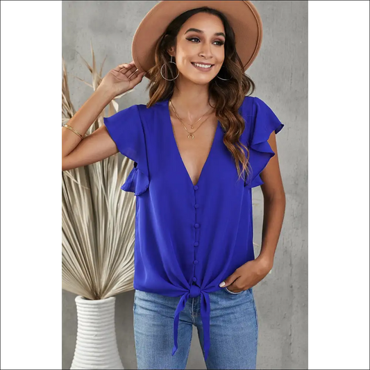 V-neck Tie Hem Flutter Sleeve Blouse - Chic & Casual - Royal Blue / l - Blouses on Sale Worldwide Shipping