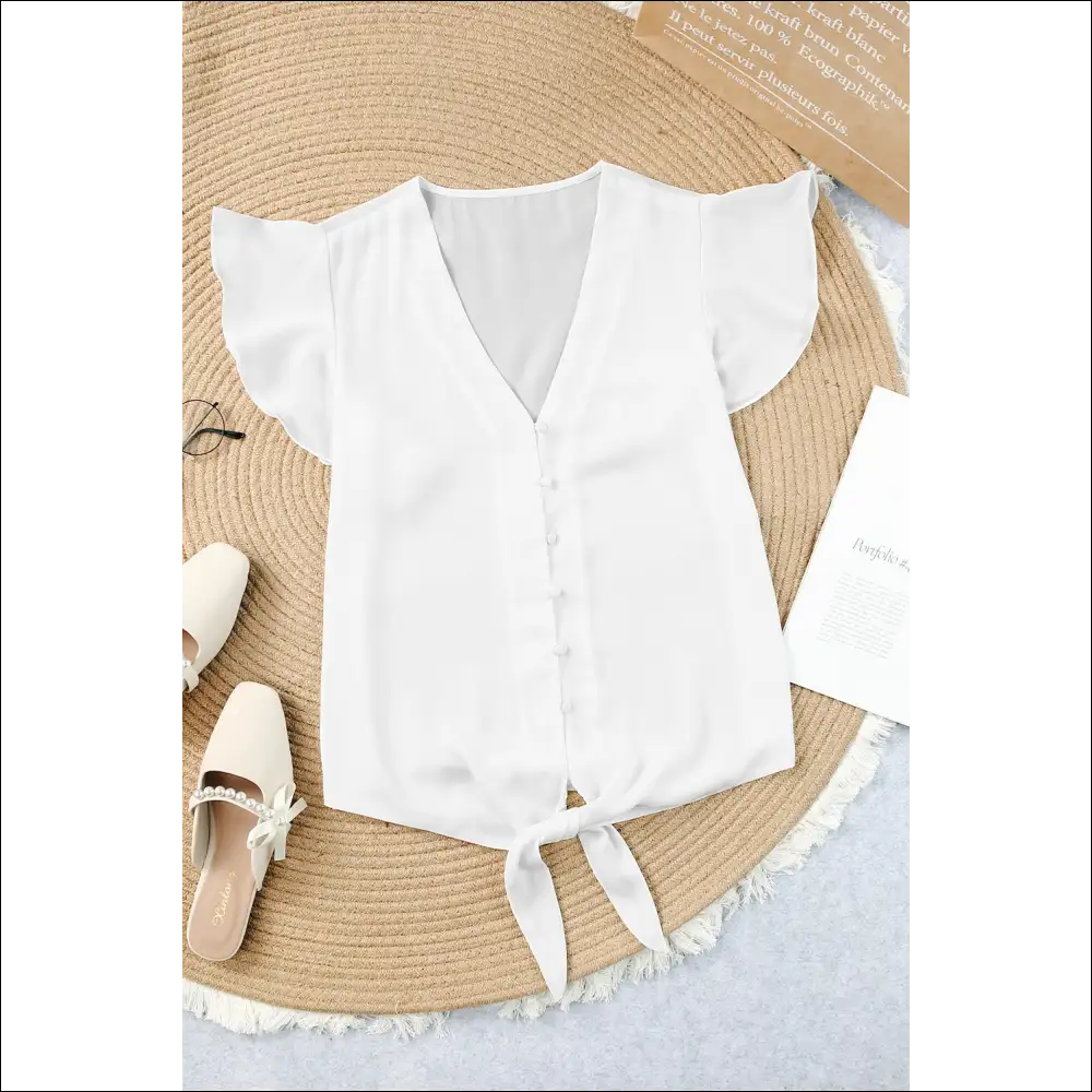 V-neck Tie Hem Flutter Sleeve Blouse - Chic & Casual - White / 2xl - Blouses on Sale Worldwide Shipping