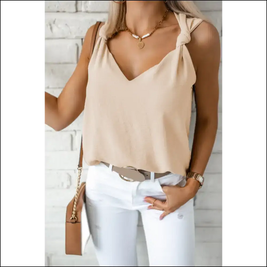 V Neck Victory: Needful Things’ Knotted Shoulder Black v Top 🖤 - Apricot / Xs - Sleeveless Shirts Tank Tops on Sale Worldwide Shipping