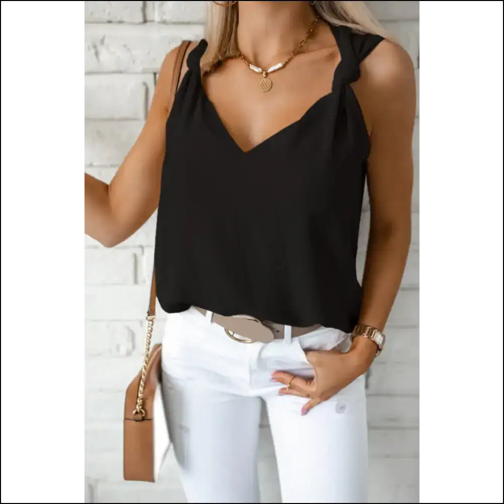 V Neck Victory: Needful Things’ Knotted Shoulder Black v Top 🖤 - Xs - Sleeveless Shirts Tank Tops on Sale Worldwide Shipping