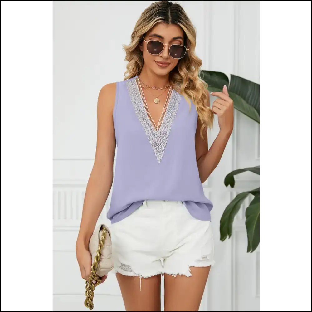 V-neck Wide Strap Tank - Effortless Chic - Lavender / m - Tops on Sale Worldwide Shipping