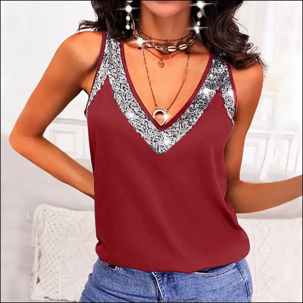 V-neck Wide Strap Tank Top - Chic & Comfy - Dusty Red / 5xl - Tops on Sale Worldwide Shipping