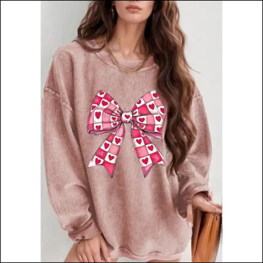 Valentine’s Day Bow Drop Shoulder Long Sleeve Sweatshirt - Dusty Pink / s - Sweatshirts & Hoodies on Sale Worldwide Shipping