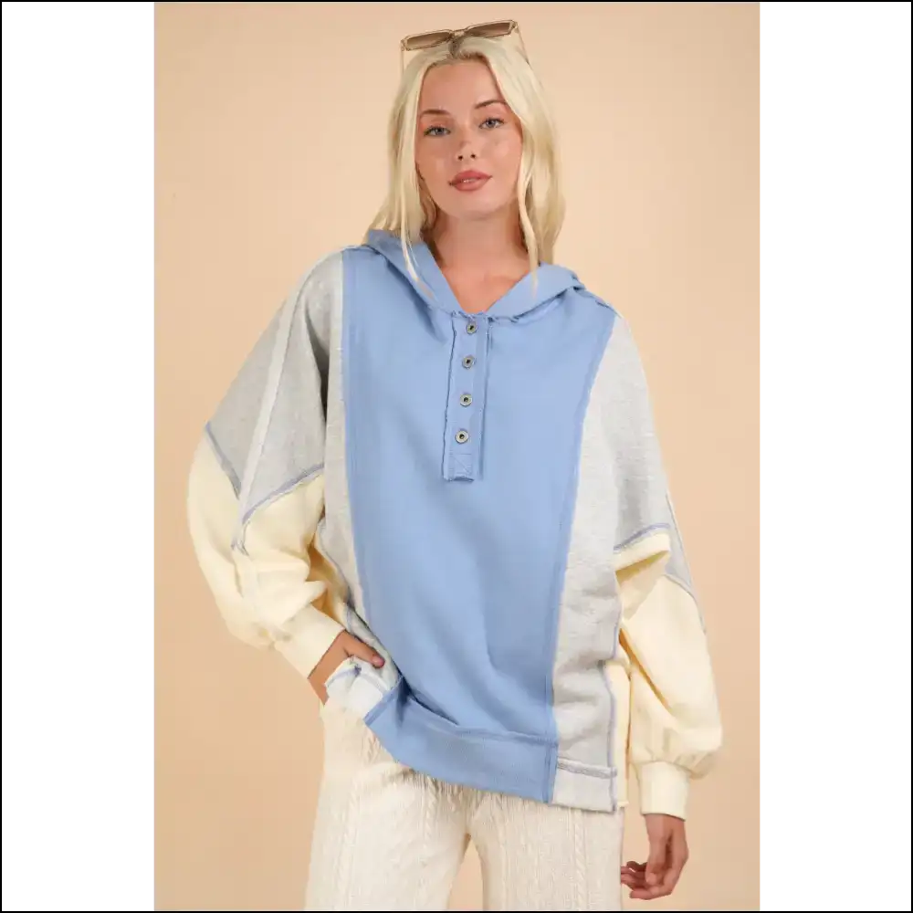 Very j Color Block Half Button Hoodie - Blue / s - Hoodies Sweatshirts & on Sale Worldwide Shipping