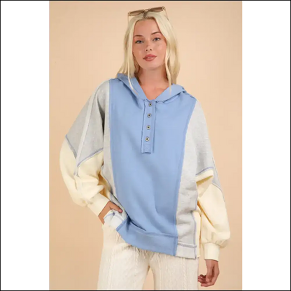 Very j Color Block Half Button Hoodie - Blue / s - Hoodies Sweatshirts & on Sale Worldwide Shipping