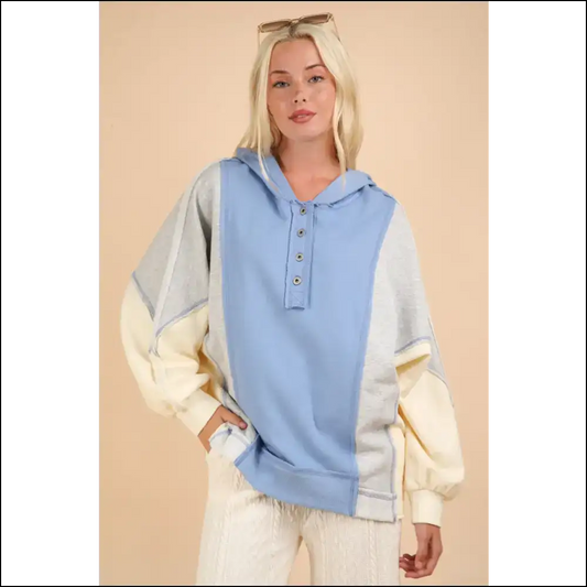 Very j Color Block Half Button Hoodie - Blue / s - Hoodies Sweatshirts & on Sale Worldwide Shipping
