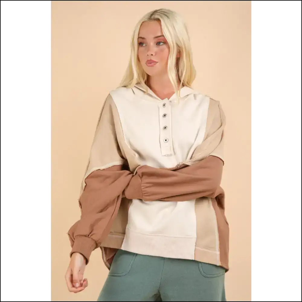 Very j Exposed Seam Color Block Half Button Hoodie - Hoodies Sweatshirts & on Sale Worldwide Shipping