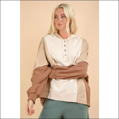 Very j Exposed Seam Color Block Half Button Hoodie - Hoodies Sweatshirts & on Sale Worldwide Shipping