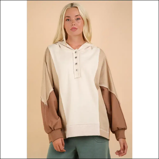 Very j Exposed Seam Color Block Half Button Hoodie - White / s - Hoodies Sweatshirts & on Sale Worldwide Shipping