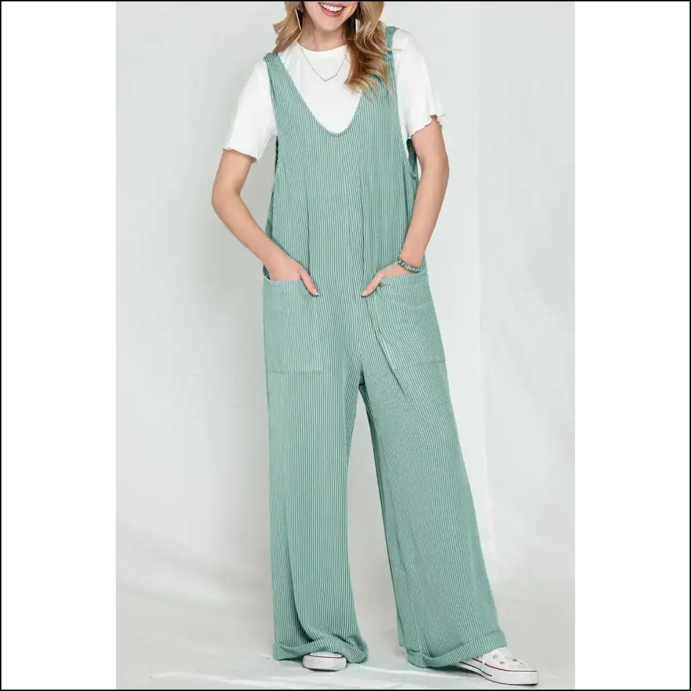 Vibrant Green Jumpsuit: Ribbed Wide Leg! Needful Things - Moonlight Jade / s - Jumpsuits & Rompers on Sale Worldwide Shipping