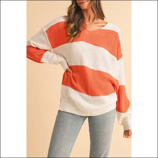 Vibrant Orange Colorblock v Neck: Prepare for Compliments! 🧡 Needful Things - Stripe / s - Sweaters on Sale Worldwide Shipping