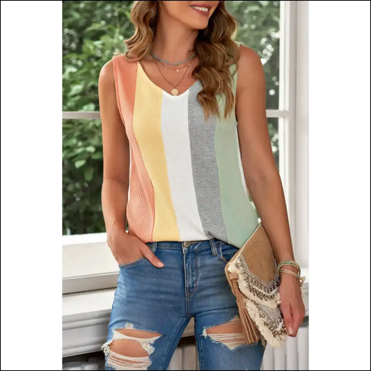 Vibrant v Neck Color Block Tank: Sassy Summer ?️ Needful Things - Multicolor / s - Knit Tops on Sale Worldwide Shipping