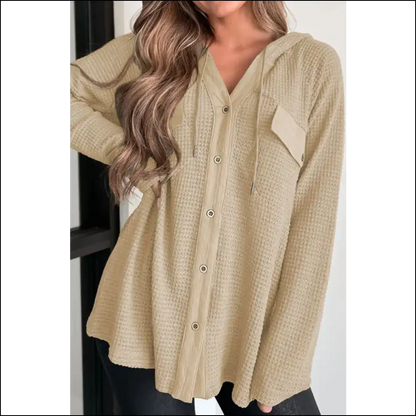 Waffle-knit Button-up Drawstring Hoodie - Beige / s - Hoodies Sweatshirts & on Sale Worldwide Shipping