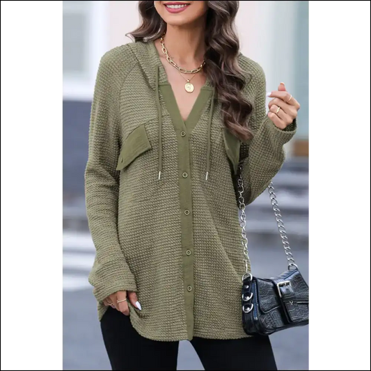 Waffle-knit Button-up Drawstring Hoodie - Sage / m - Hoodies Sweatshirts & on Sale Worldwide Shipping