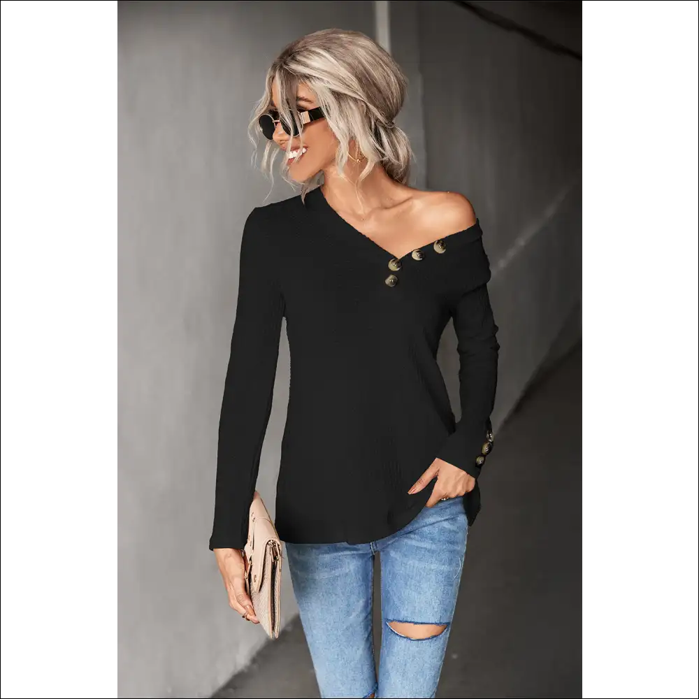 Waffle-knit Button V-neck Top - Chic & Casual - Black / Xl - Blouses on Sale Worldwide Shipping