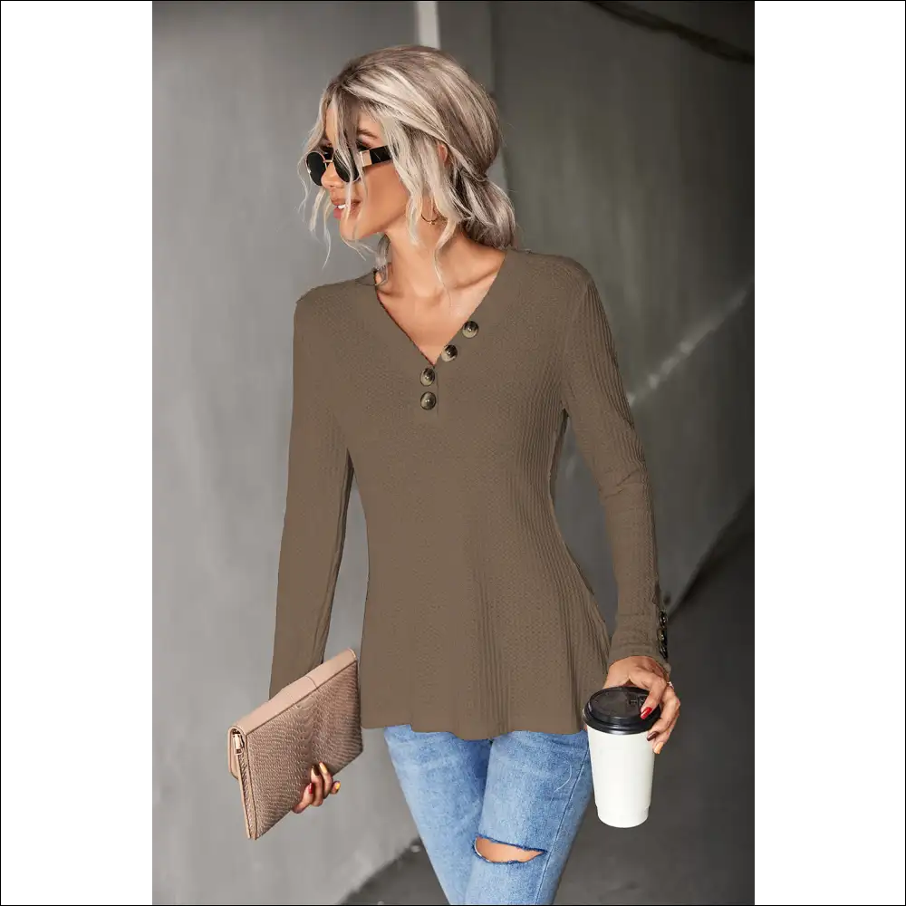 Waffle-knit Button V-neck Top - Chic & Casual - Coffee / l - Blouses on Sale Worldwide Shipping