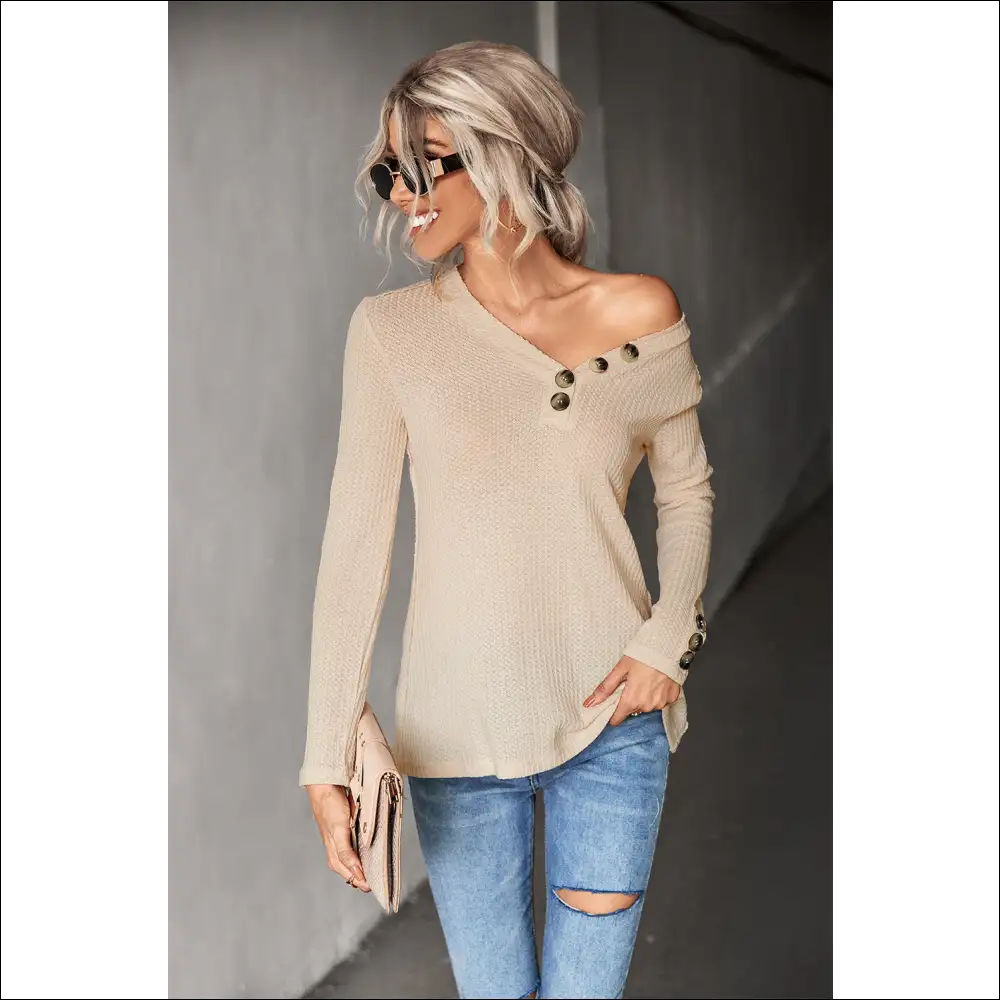 Waffle-knit Button V-neck Top - Chic & Casual - Cream / Xl - Blouses on Sale Worldwide Shipping