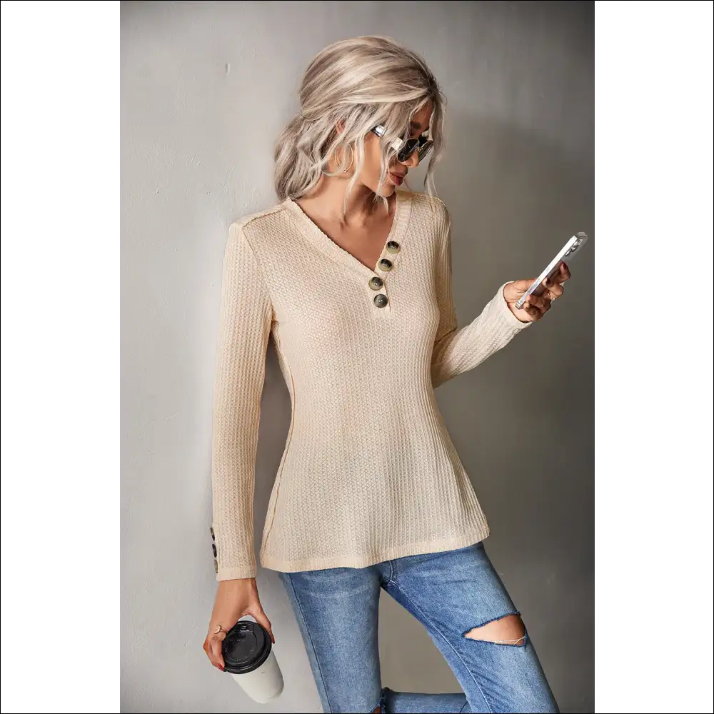 Waffle-knit Button V-neck Top - Chic & Casual - Blouses on Sale Worldwide Shipping