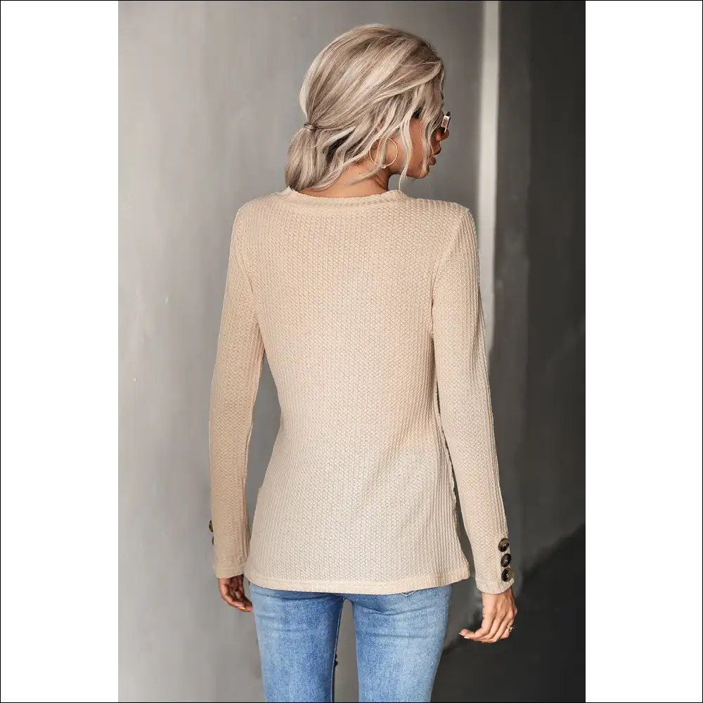 Waffle-knit Button V-neck Top - Chic & Casual - Blouses on Sale Worldwide Shipping
