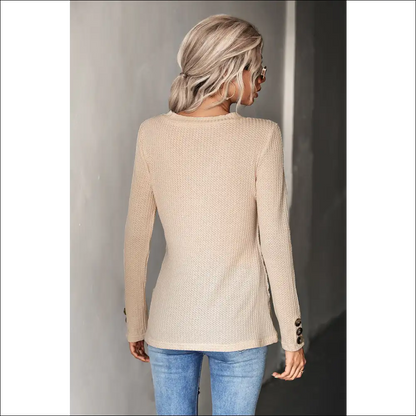 Waffle-knit Button V-neck Top - Chic & Casual - Blouses on Sale Worldwide Shipping