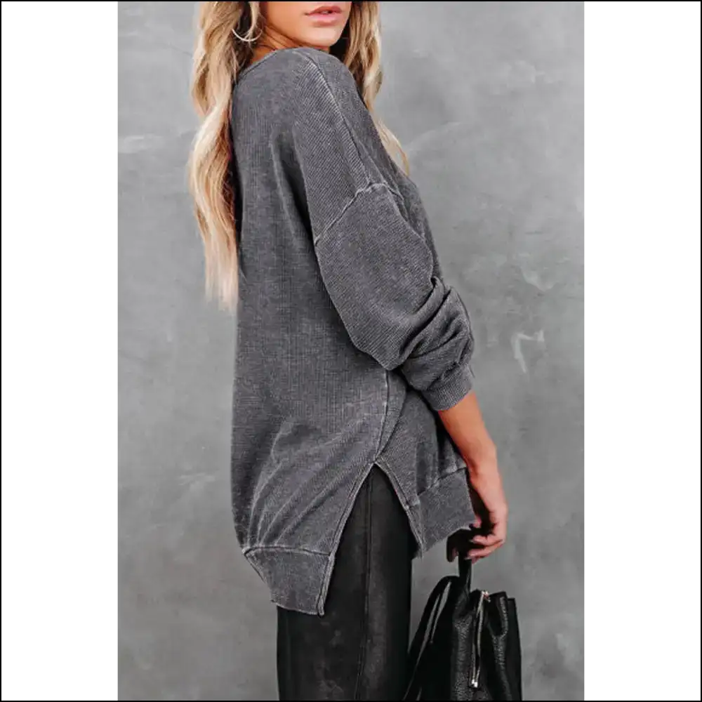 Waffle Knit Chic Slit Drop Shoulder Sweatshirt - Sweatshirts & Hoodies on Sale Worldwide Shipping