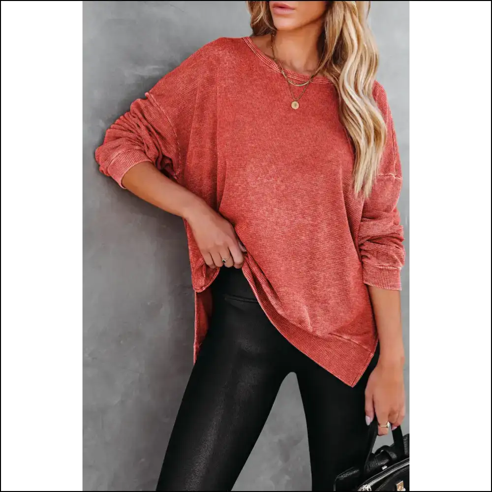 Waffle Knit Chic Slit Drop Shoulder Sweatshirt - Orange / s - Sweatshirts & Hoodies on Sale Worldwide Shipping
