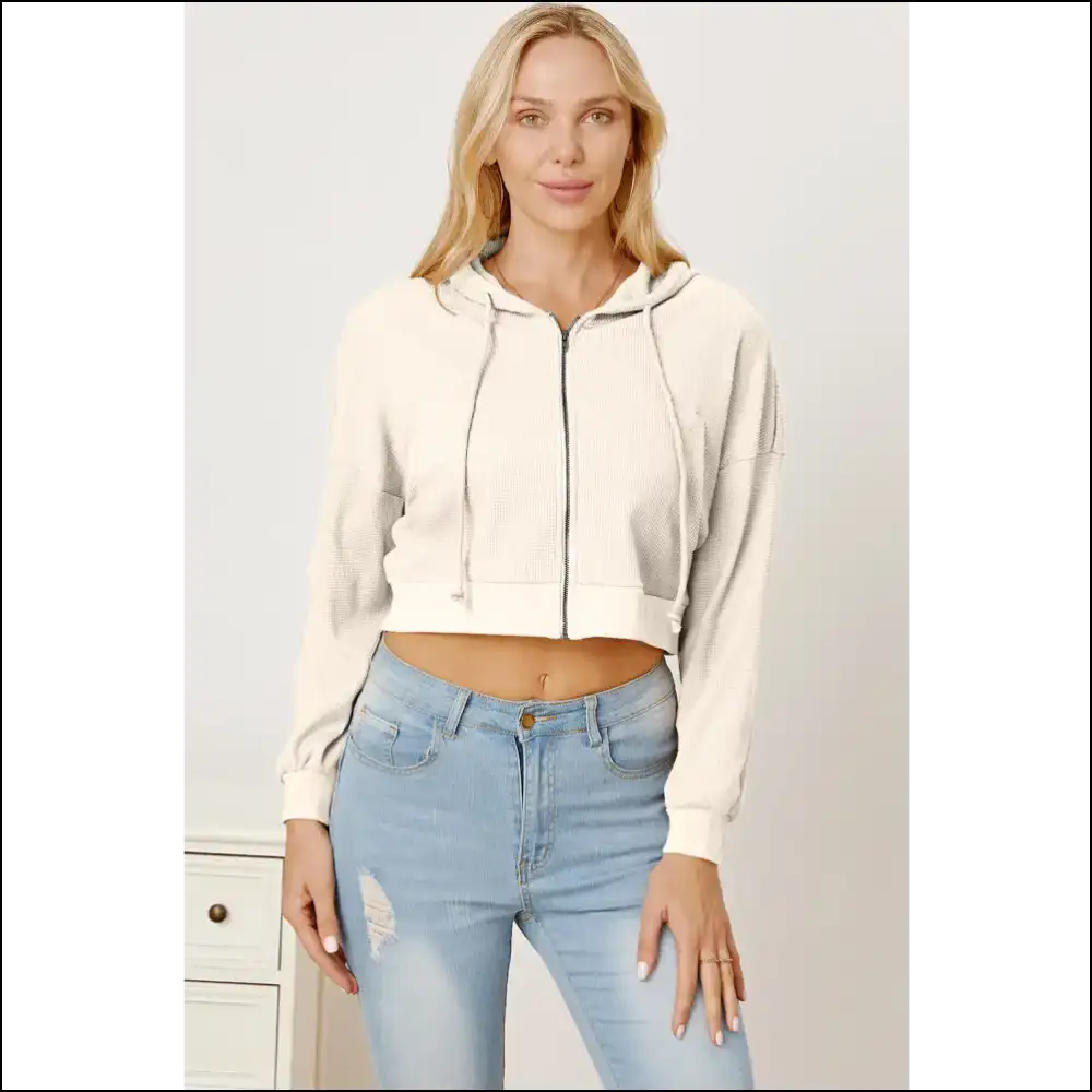Waffle-knit Drawstring Zip Up Hoodie - Ivory / l - Hoodies Sweatshirts & on Sale Worldwide Shipping