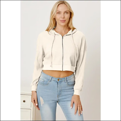 Waffle-knit Drawstring Zip Up Hoodie - Ivory / l - Hoodies Sweatshirts & on Sale Worldwide Shipping