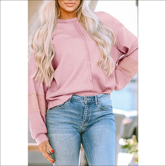 Waffle-knit Lantern Sleeve - Blush Pink / l - Sweatshirts & Hoodies on Sale Worldwide Shipping