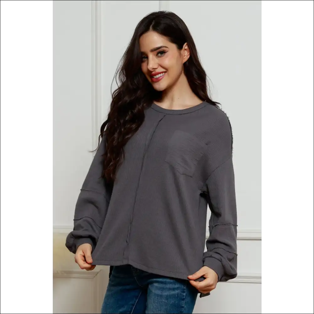 Waffle-knit Lantern Sleeve - Dark Gray / s - Sweatshirts & Hoodies on Sale Worldwide Shipping