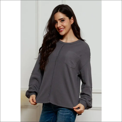 Waffle-knit Lantern Sleeve - Dark Gray / s - Sweatshirts & Hoodies on Sale Worldwide Shipping