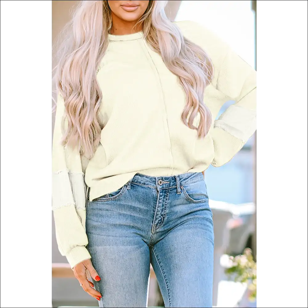 Waffle-knit Lantern Sleeve - Ivory / s - Sweatshirts & Hoodies on Sale Worldwide Shipping