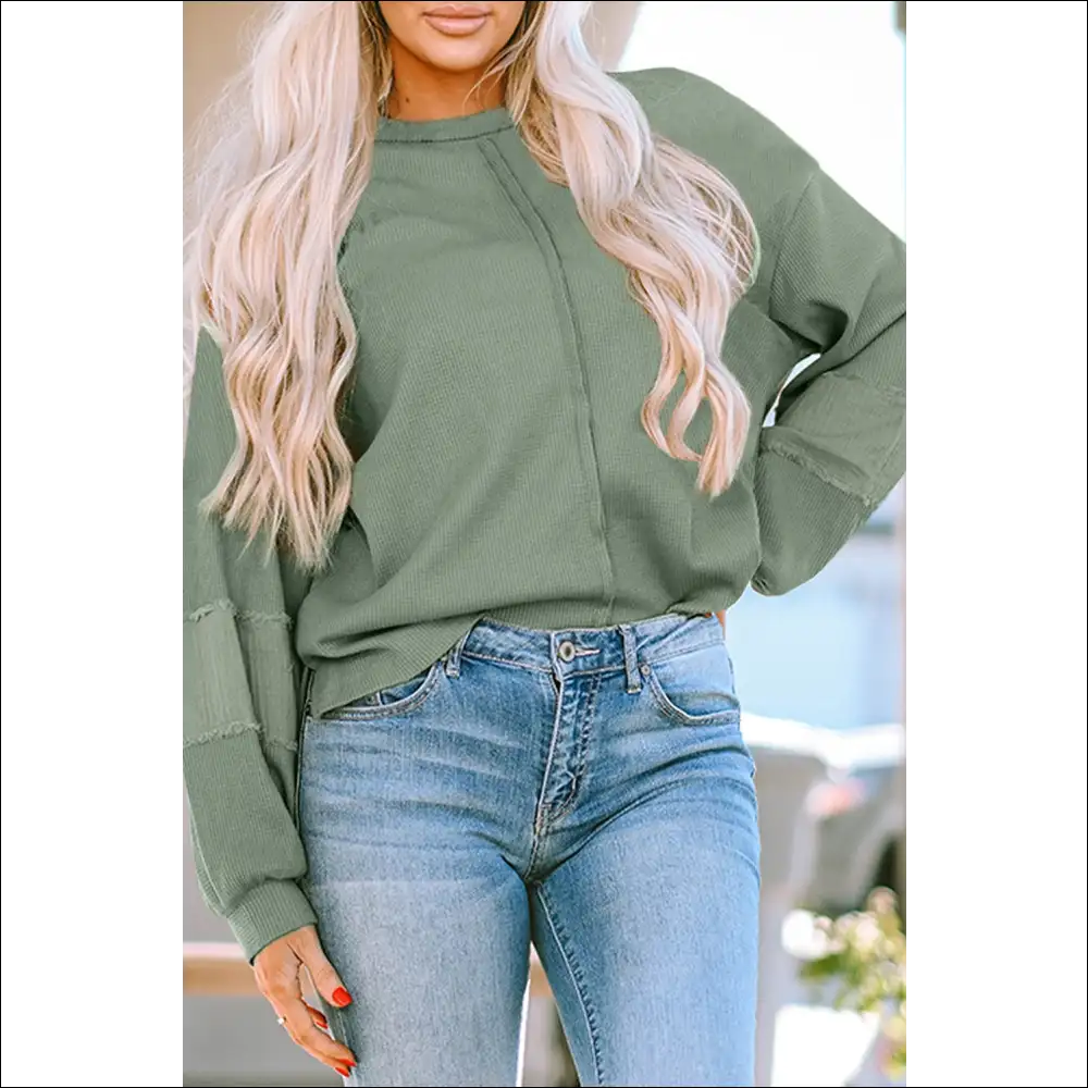 Waffle-knit Lantern Sleeve - Sage / s - Sweatshirts & Hoodies on Sale Worldwide Shipping