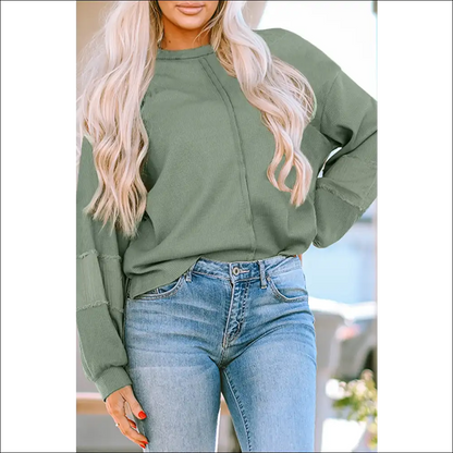 Waffle-knit Lantern Sleeve - Sage / s - Sweatshirts & Hoodies on Sale Worldwide Shipping