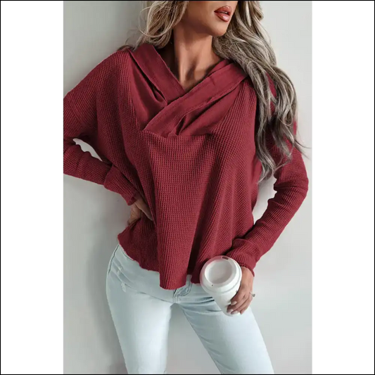 Waffle Knit Long Sleeve Hoodie - Cozy Chic Vibes - Burgundy / Xl - Hoodies Sweatshirts & on Sale Worldwide Shipping