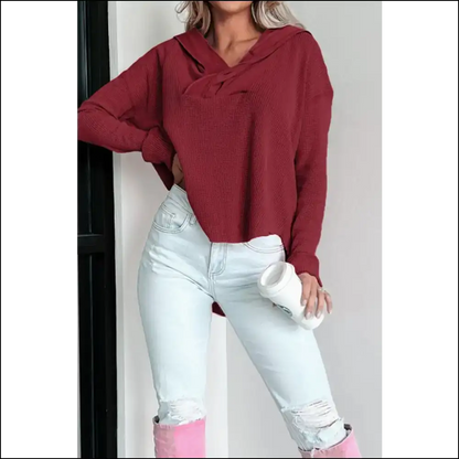 Waffle Knit Long Sleeve Hoodie - Cozy Chic Vibes - Hoodies Sweatshirts & on Sale Worldwide Shipping