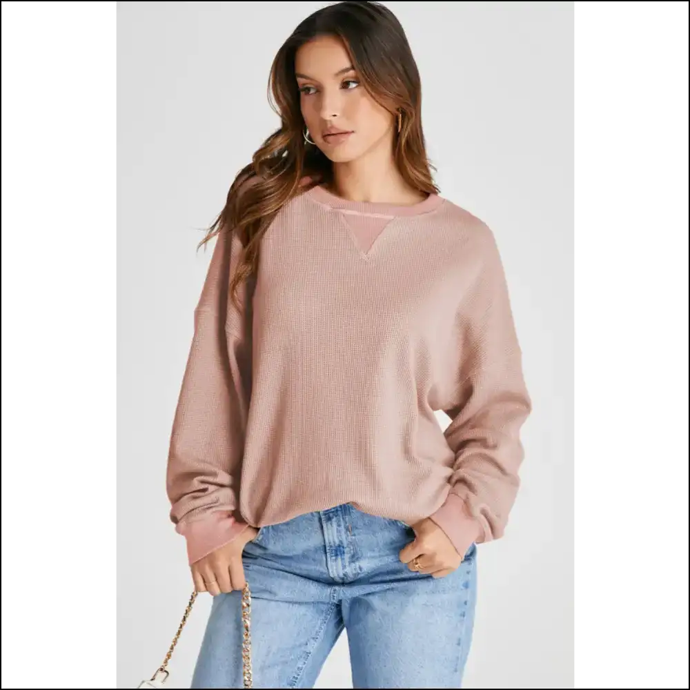Waffle-knit Long Sleeve Sweatshirt: Perfect for Couch Potatoes & Coffee Dates ? - Dusty Pink / s - Sweatshirts Hoodies on Sale Worldwide