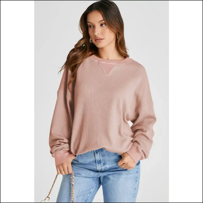 Waffle-knit Long Sleeve Sweatshirt: Perfect for Couch Potatoes & Coffee Dates ? - Dusty Pink / s - Sweatshirts Hoodies on Sale Worldwide
