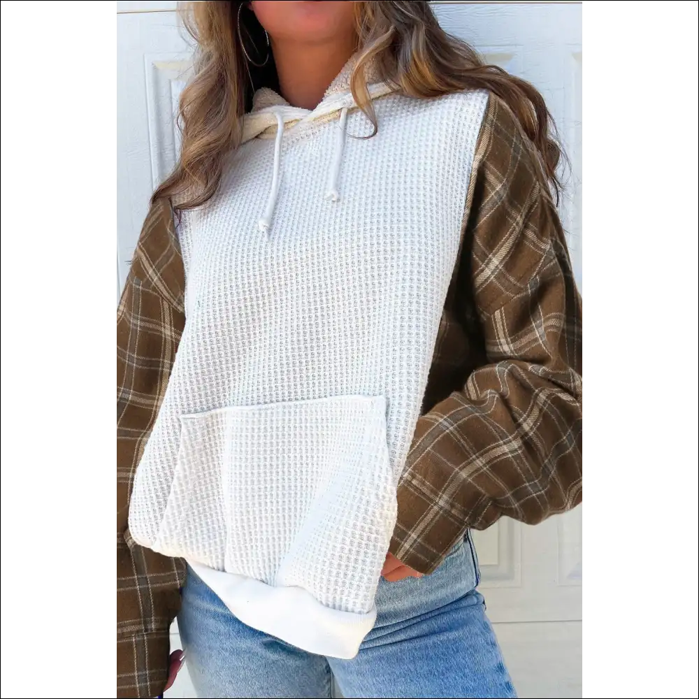 Waffle Knit Plaid Long Sleeve Hoodie with Pocket - Hoodies Sweatshirts & on Sale Worldwide Shipping