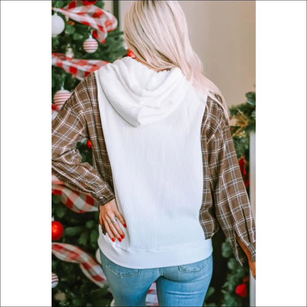 Waffle Knit Plaid Long Sleeve Hoodie with Pocket - Hoodies Sweatshirts & on Sale Worldwide Shipping