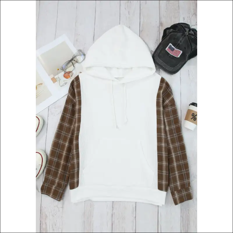 Waffle Knit Plaid Long Sleeve Hoodie with Pocket - Hoodies Sweatshirts & on Sale Worldwide Shipping