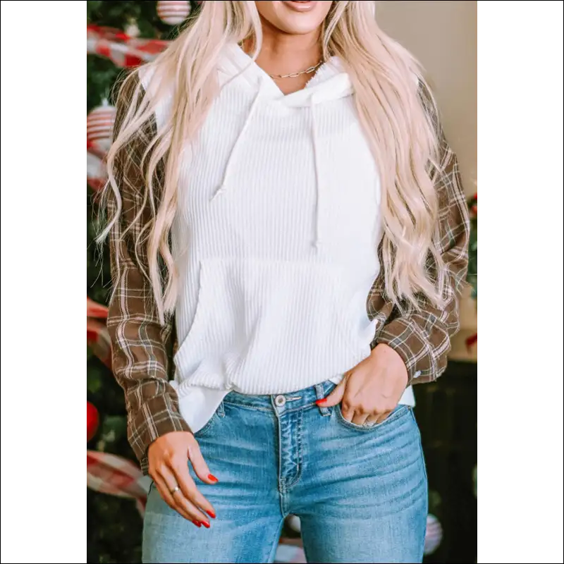 Waffle Knit Plaid Long Sleeve Hoodie with Pocket - Hoodies Sweatshirts & on Sale Worldwide Shipping