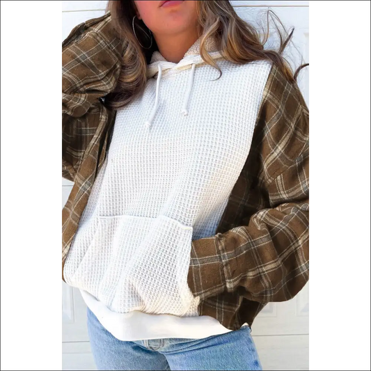 Waffle Knit Plaid Long Sleeve Hoodie with Pocket - White / m - Hoodies Sweatshirts & on Sale Worldwide Shipping