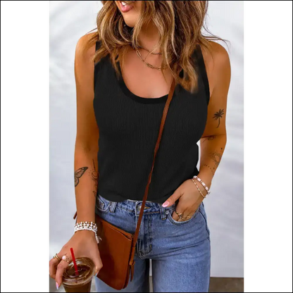 Waffle-knit Scoop Neck Tank Top - Everyday Chic - Black / s - Tops on Sale Worldwide Shipping