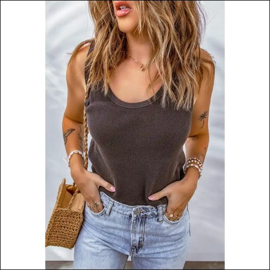Waffle-knit Scoop Neck Tank Top - Everyday Chic - Coffee / s - Tops on Sale Worldwide Shipping