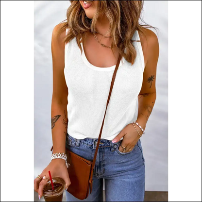 Waffle-knit Scoop Neck Tank Top - Everyday Chic - White / Xl - Tops on Sale Worldwide Shipping