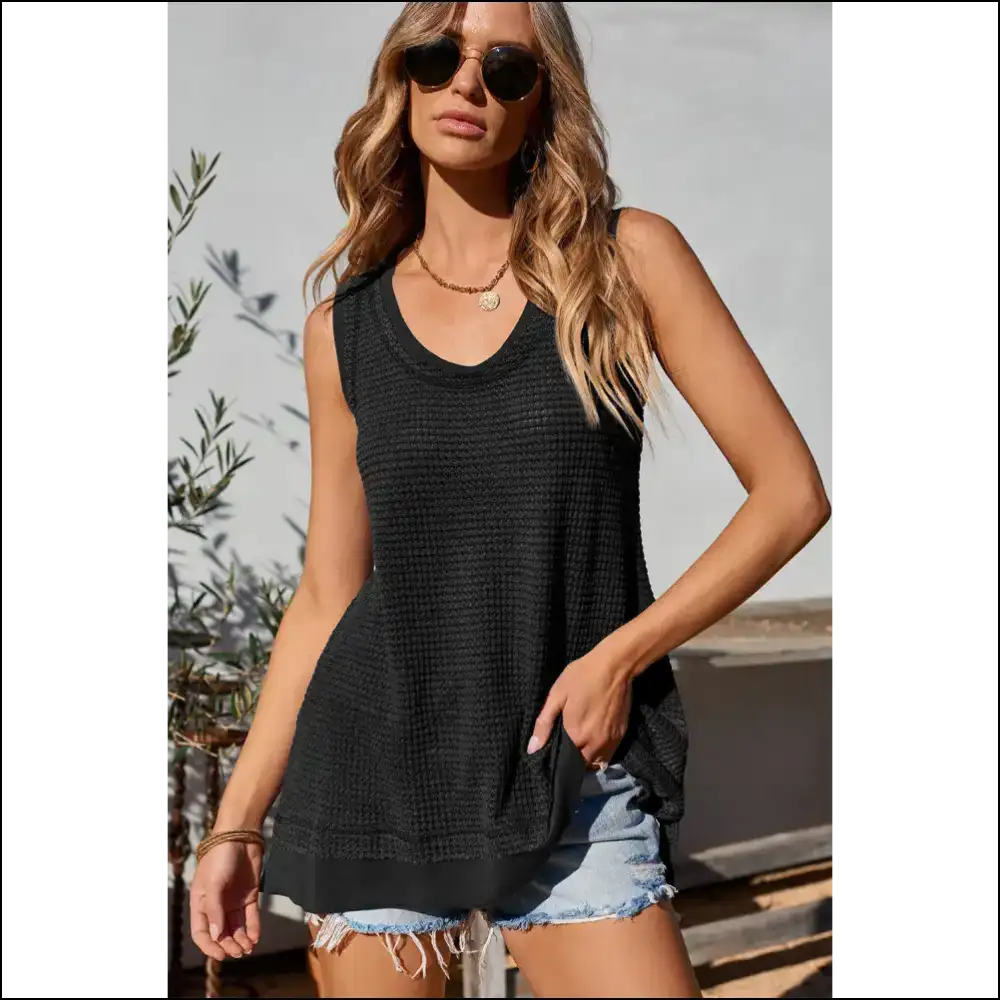 Waffle-knit Wide Strap Tank – Effortlessly Chic! - Black / l - Tops on Sale Worldwide Shipping